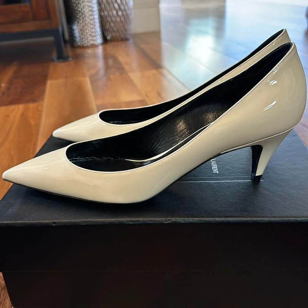 Yves Saint Laurent White Patent Leather Pointed-Toe Pumps